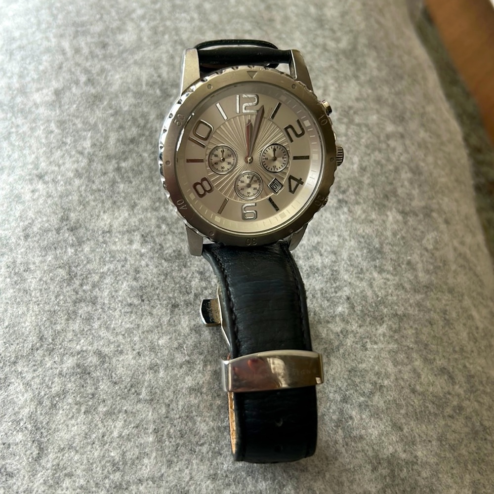 Silpada large face, wrist, watch with black leather strap, and silver accents
